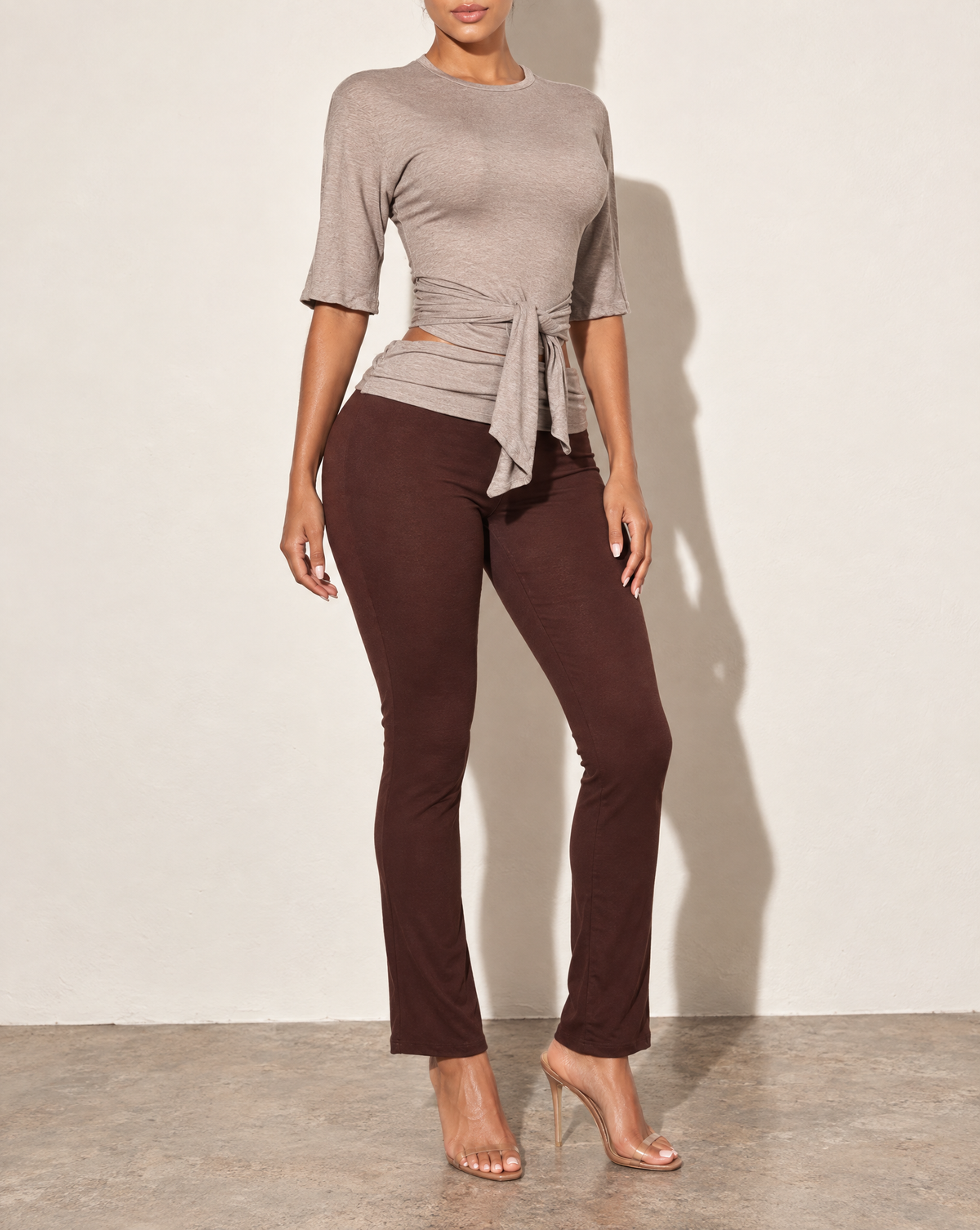 Wide Short Sleeve Top & Pants Set in LT BROWN COMBO — alternate front view