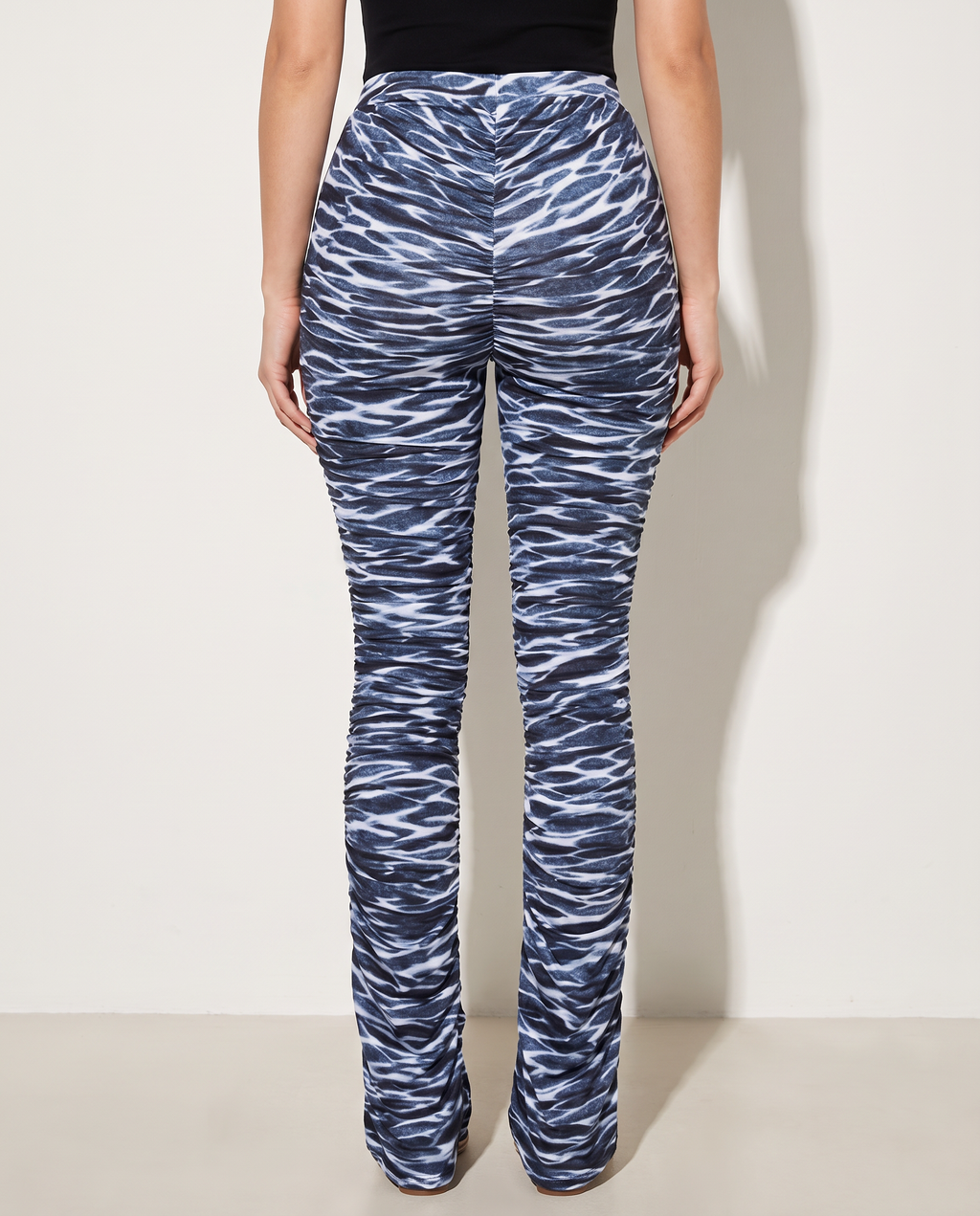 Ruched High Waist Pants in Blue — back view