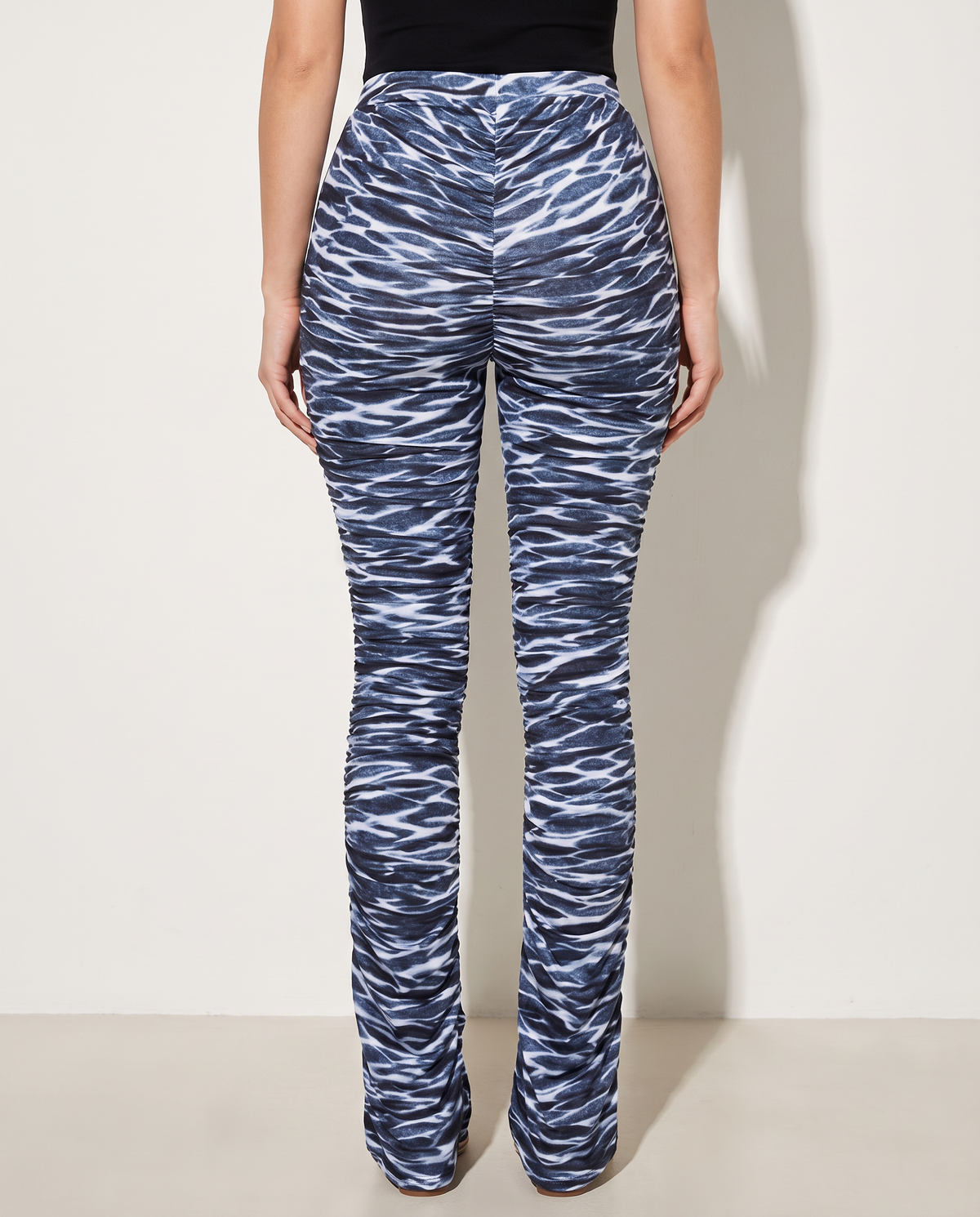 Ruched High Waist Pants in Blue — back view