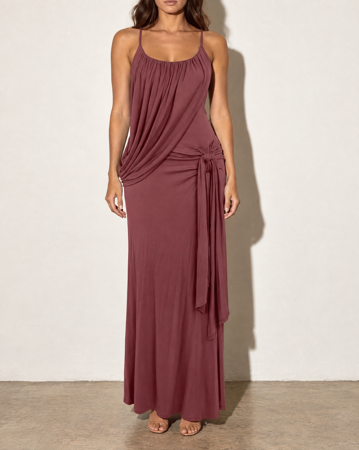 Drape Front & Tied Detailed Dress in MARSALA — front view