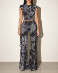 Elevated Marble Mineral Washed Fringe Pants Set in Charcoal — front view