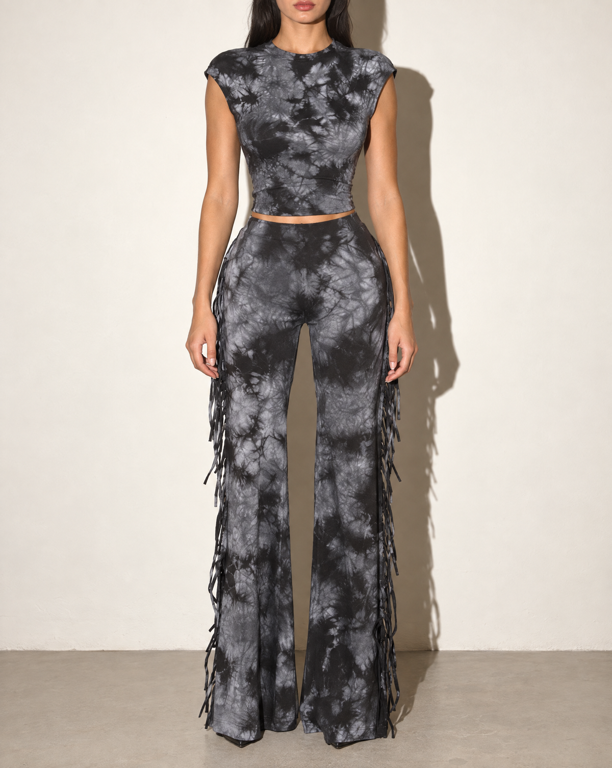 Elevated Marble Mineral Washed Fringe Pants Set in Charcoal — front view
