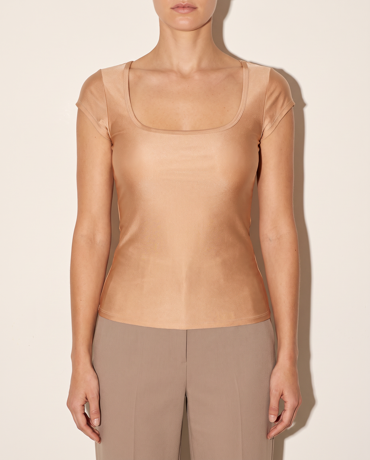 Cap Sleeves Scoop Neck Bodycon Top in NUDE — front view