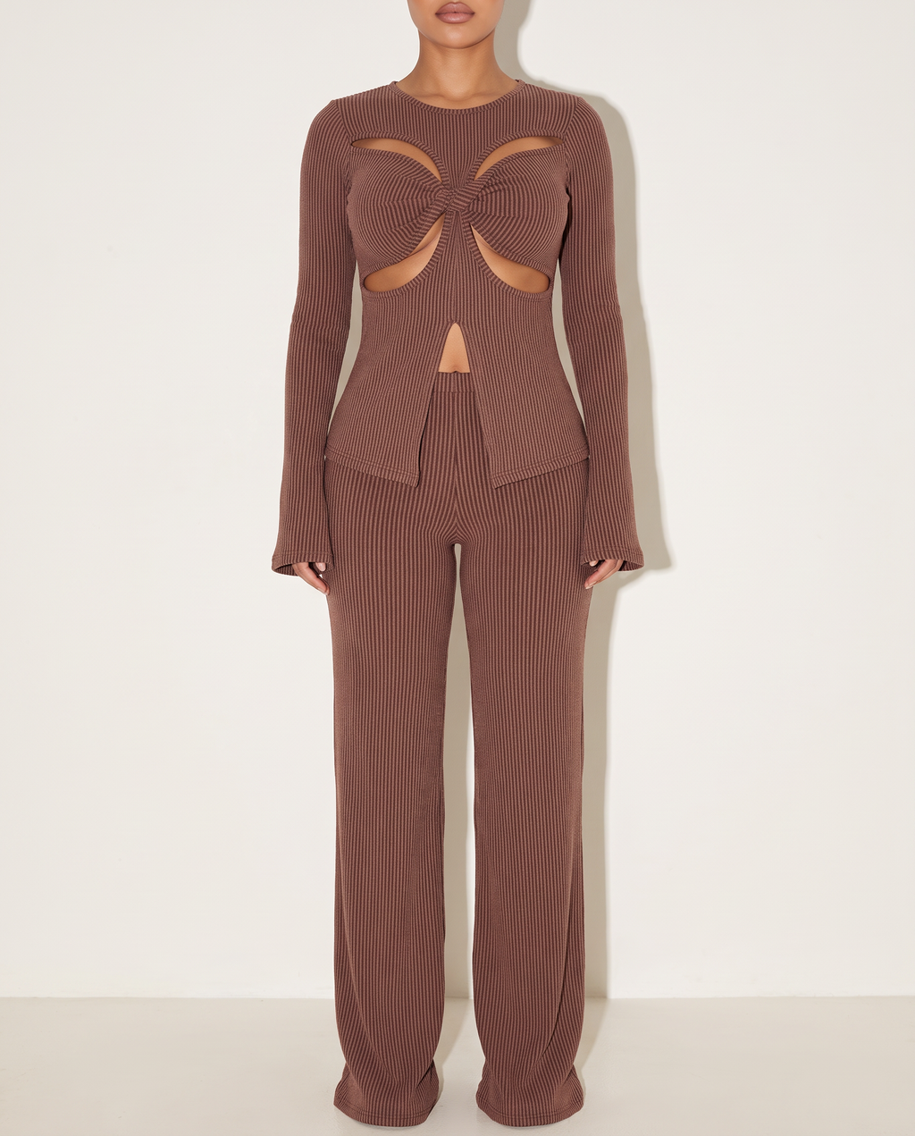 Twisted Front Cut Out Detailed Top & Pants Set in Chocolate — front view