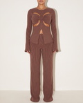 Twisted Front Cut Out Detailed Top & Pants Set in Chocolate — front view