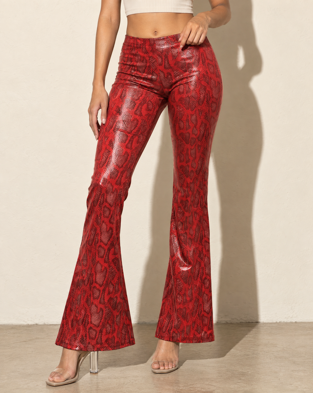 Foiled Animal Printed Slightly Flare Pants in Red — alternate front view