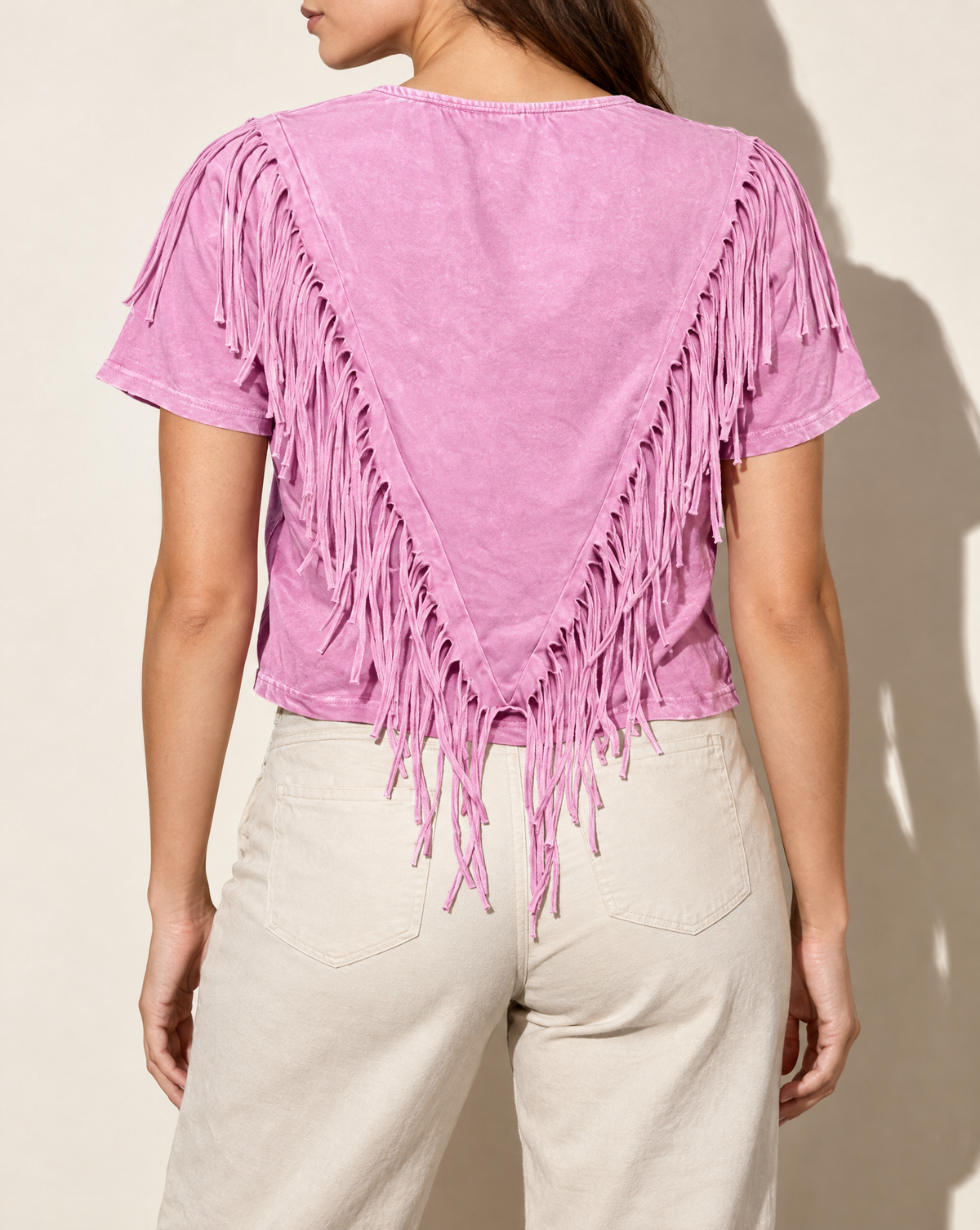 Fringe Detailed Top in Pink — back view