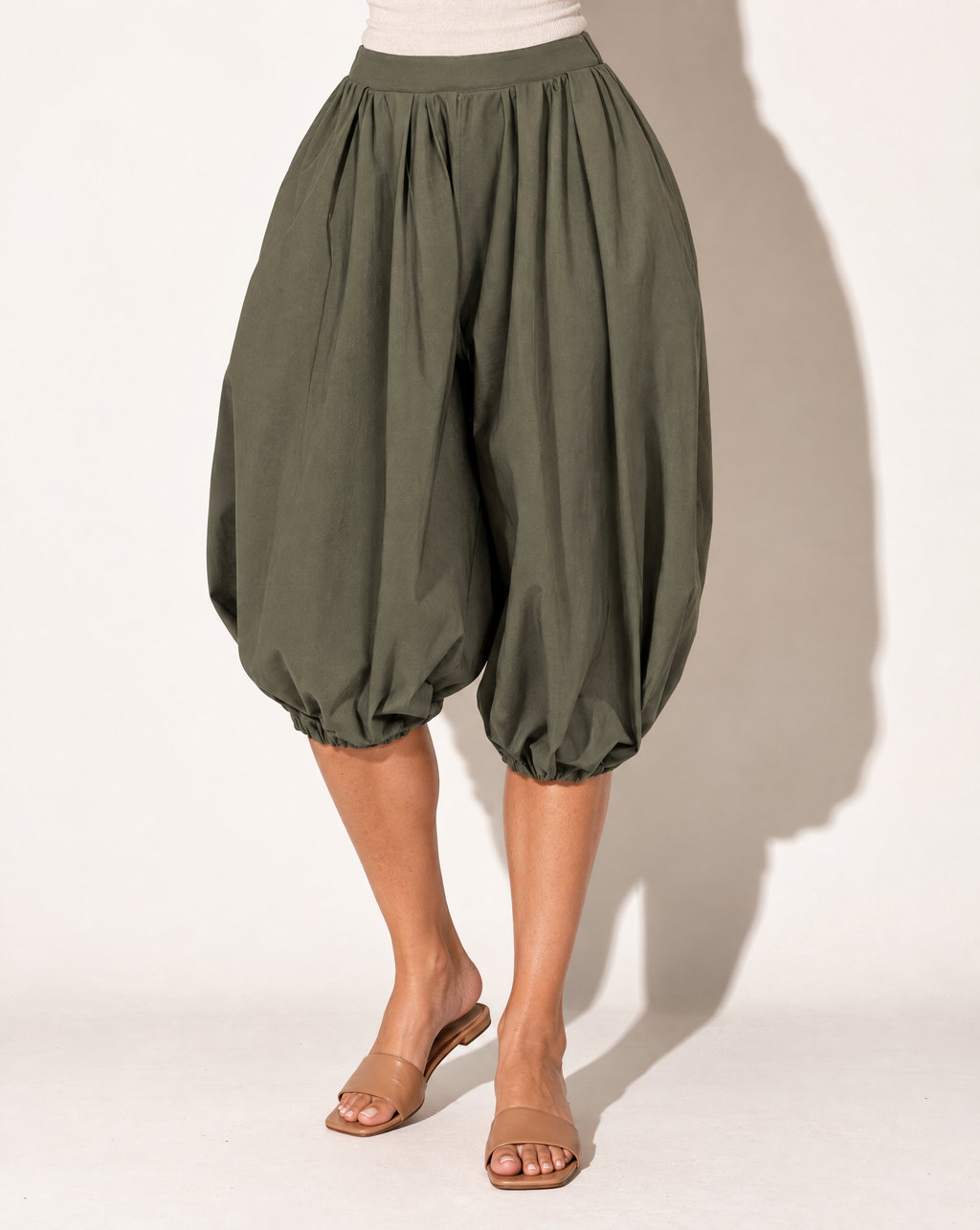 Wide Bubble Hem Capri Pants in Olive — alternate front view
