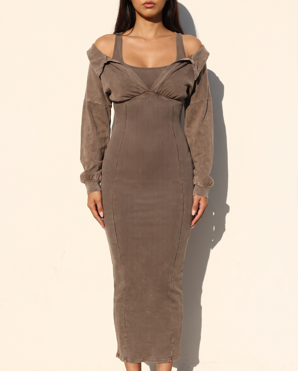Mineral Washed Long Sleeve Maxi Dress in Brown — front view