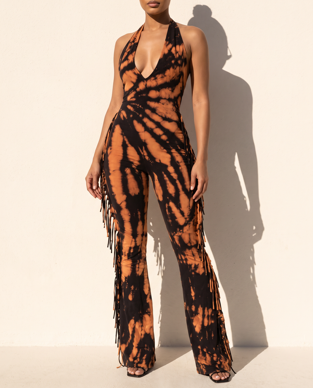 Tie Dye Fringed Halter Jumpsuit in BLACK/RUST — alternate front view