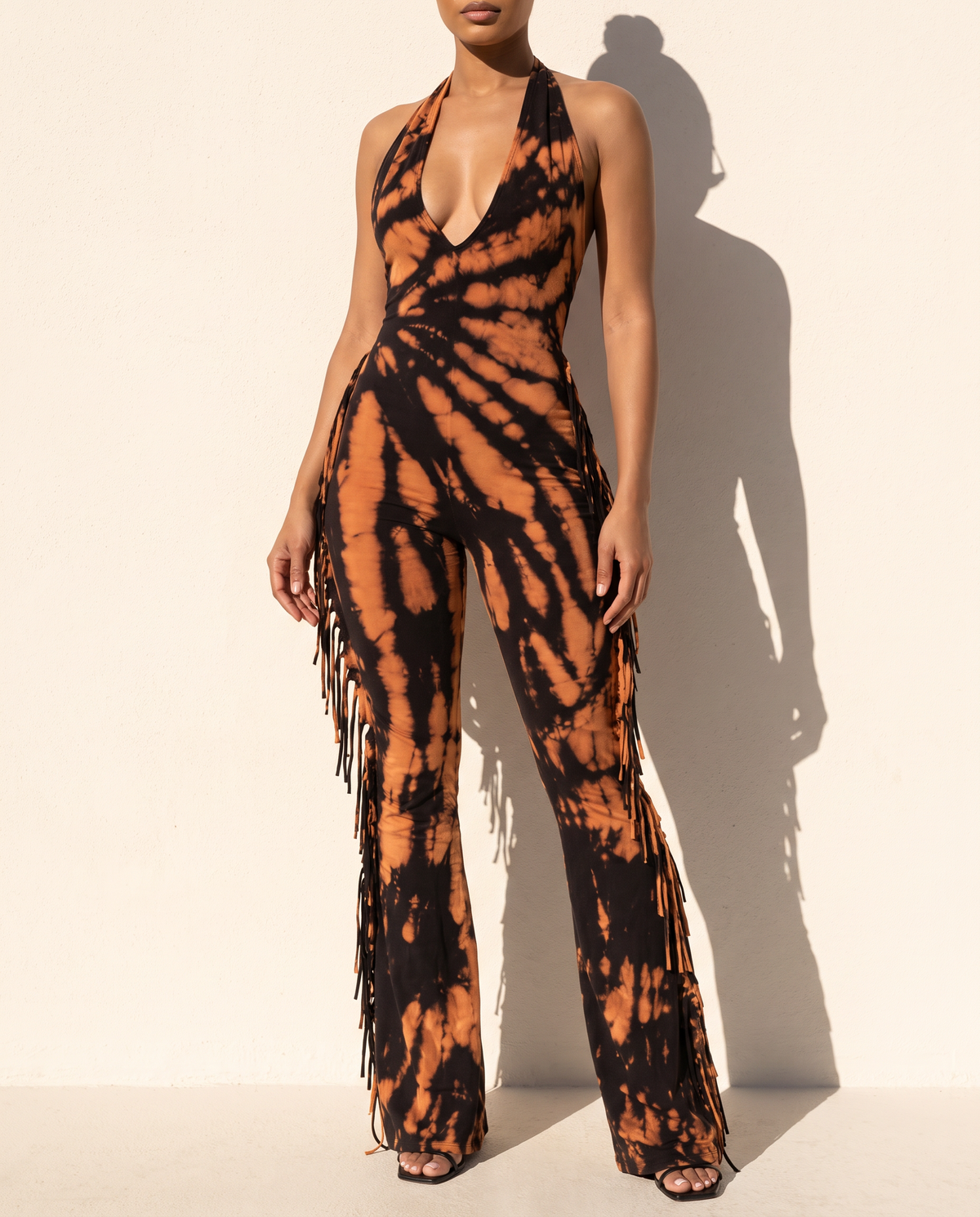 Tie Dye Fringed Halter Jumpsuit in BLACK/RUST — alternate front view
