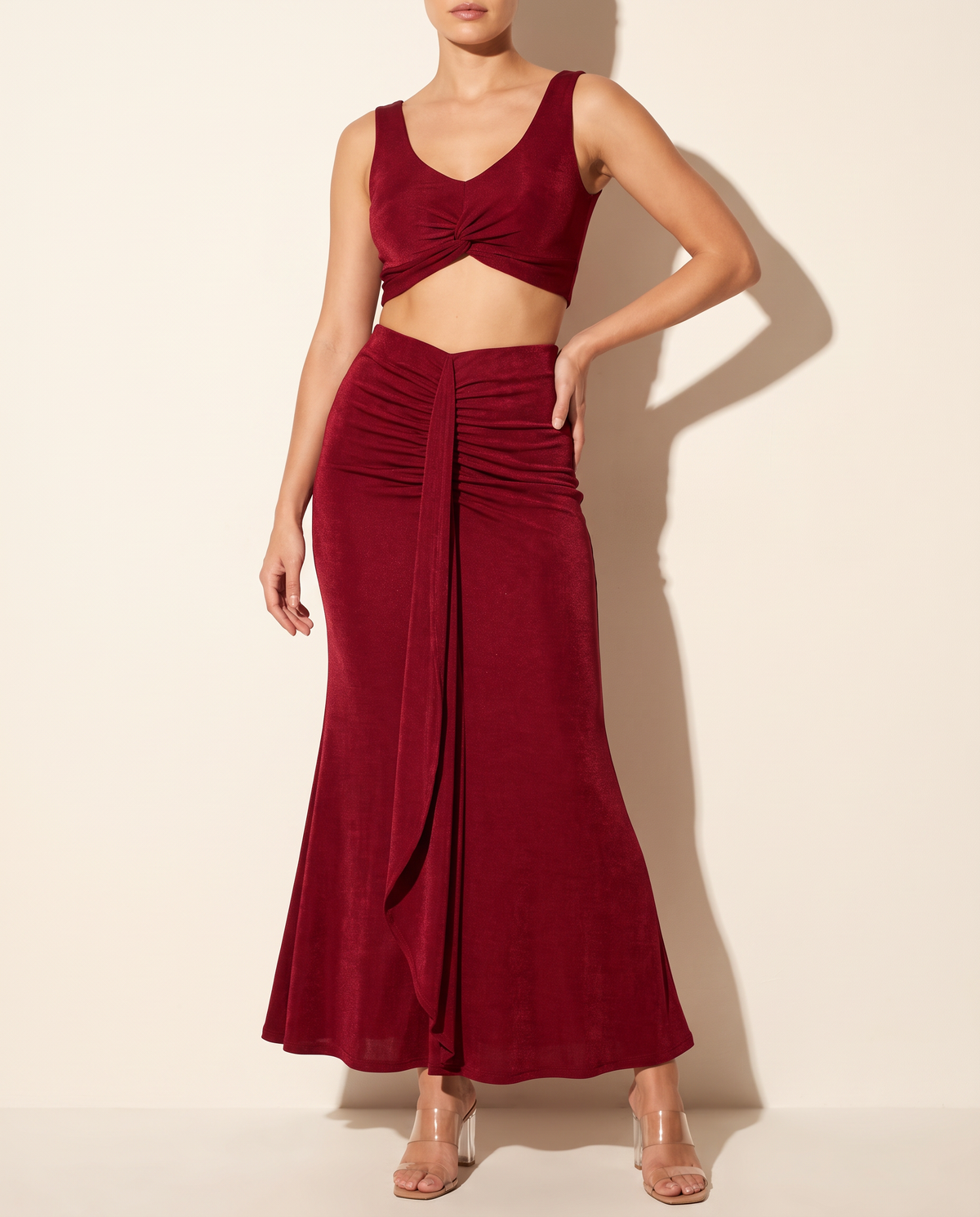 Twisted Front Top & Draped Skirt Set in Wine — alternate front view