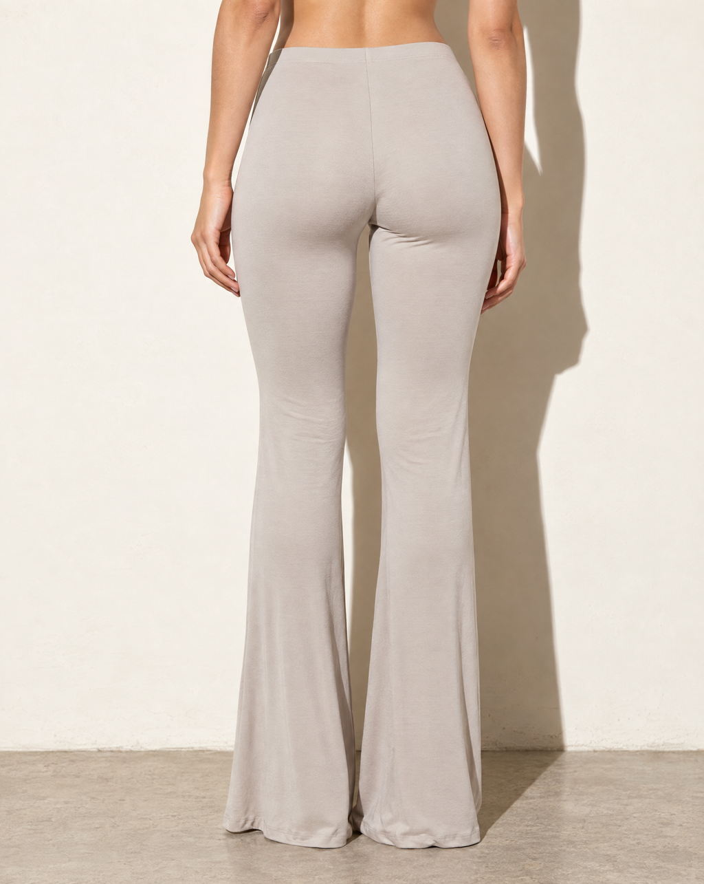 High Waist Flare Hem Pants in LT KHAKI — back view