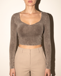 Mineral Washed Long Sleeve Crop Top in Brown — front view