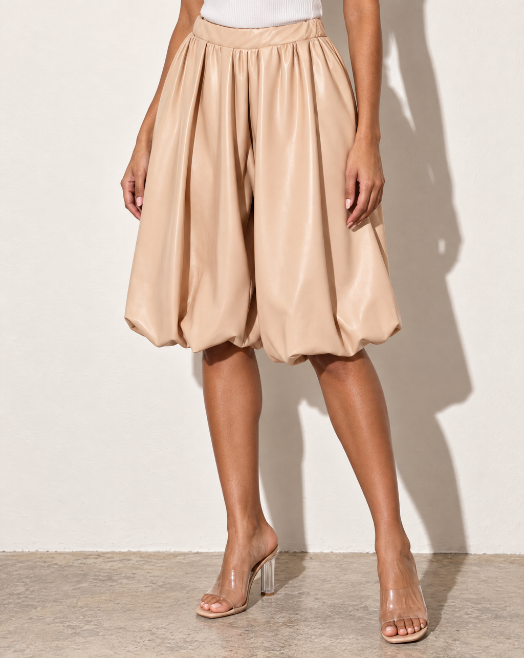 PU Bubble Capri Fashion Pants in SAND — alternate front view