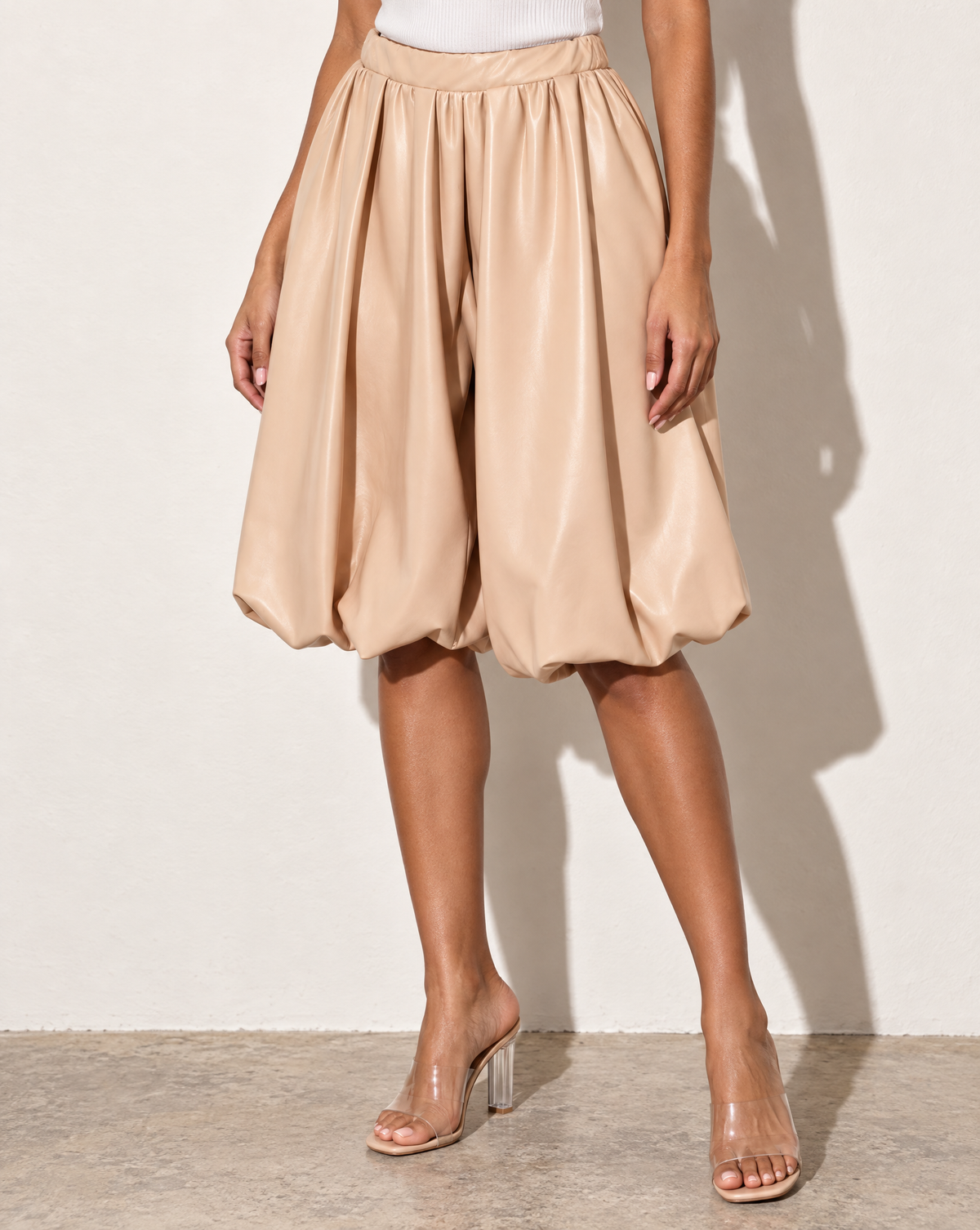 PU Bubble Capri Fashion Pants in SAND — alternate front view