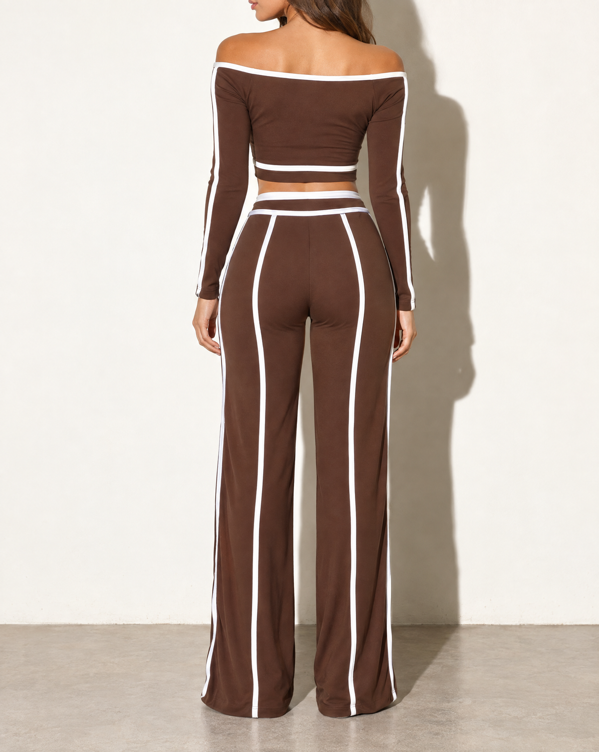 Off Shoulder Long Sleeve Top With Wide Leg Pants in BROWN/WHITE — back view