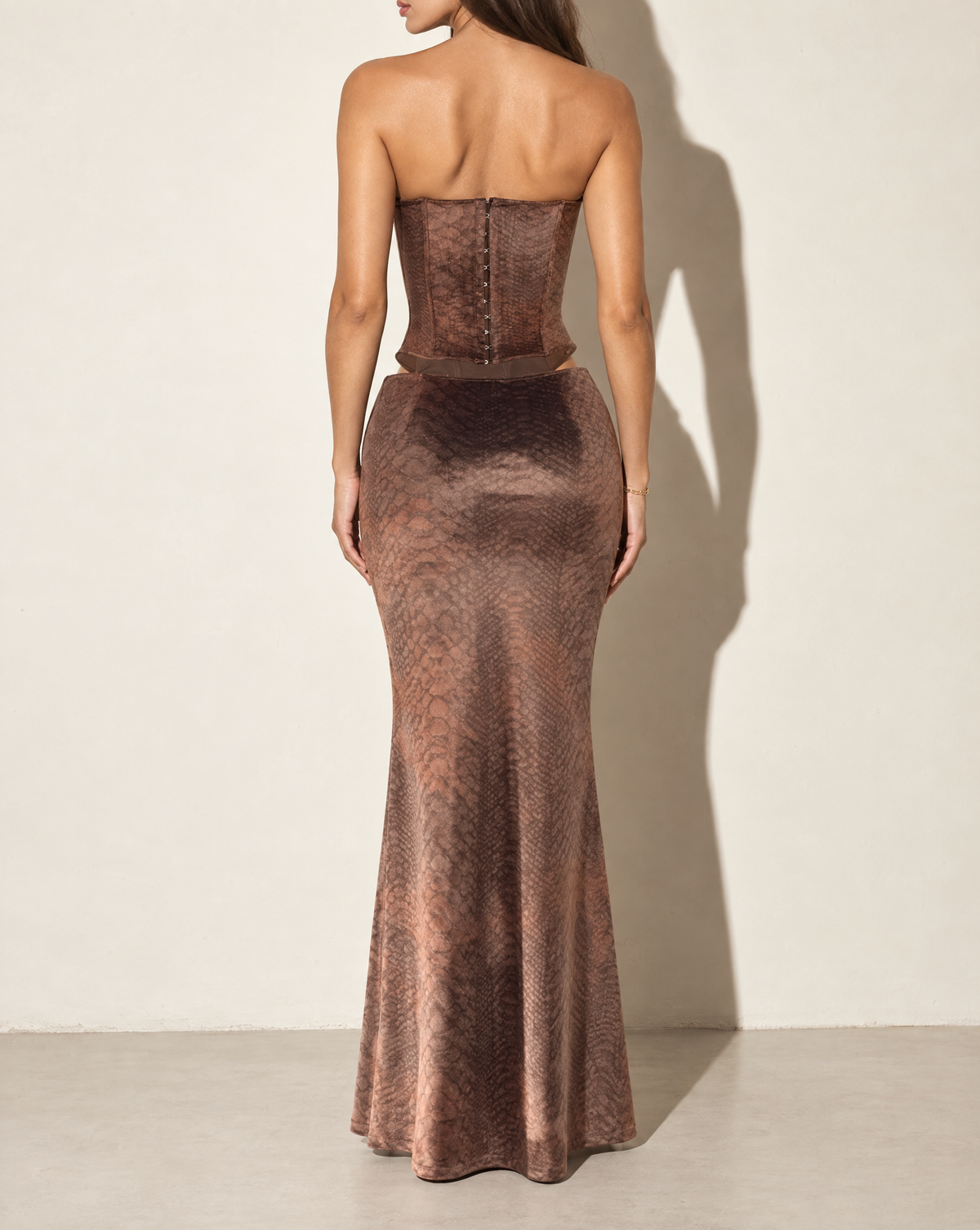Boned Top & Maxi Skirt Set in Brown — back view