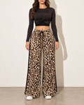 Long Sleeve Mid Top & Wide Leg Pants Set in Black — front view