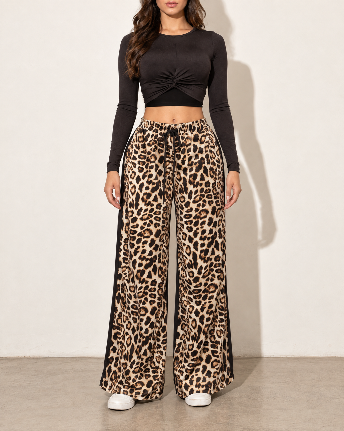 Long Sleeve Mid Top & Wide Leg Pants Set in Black — front view