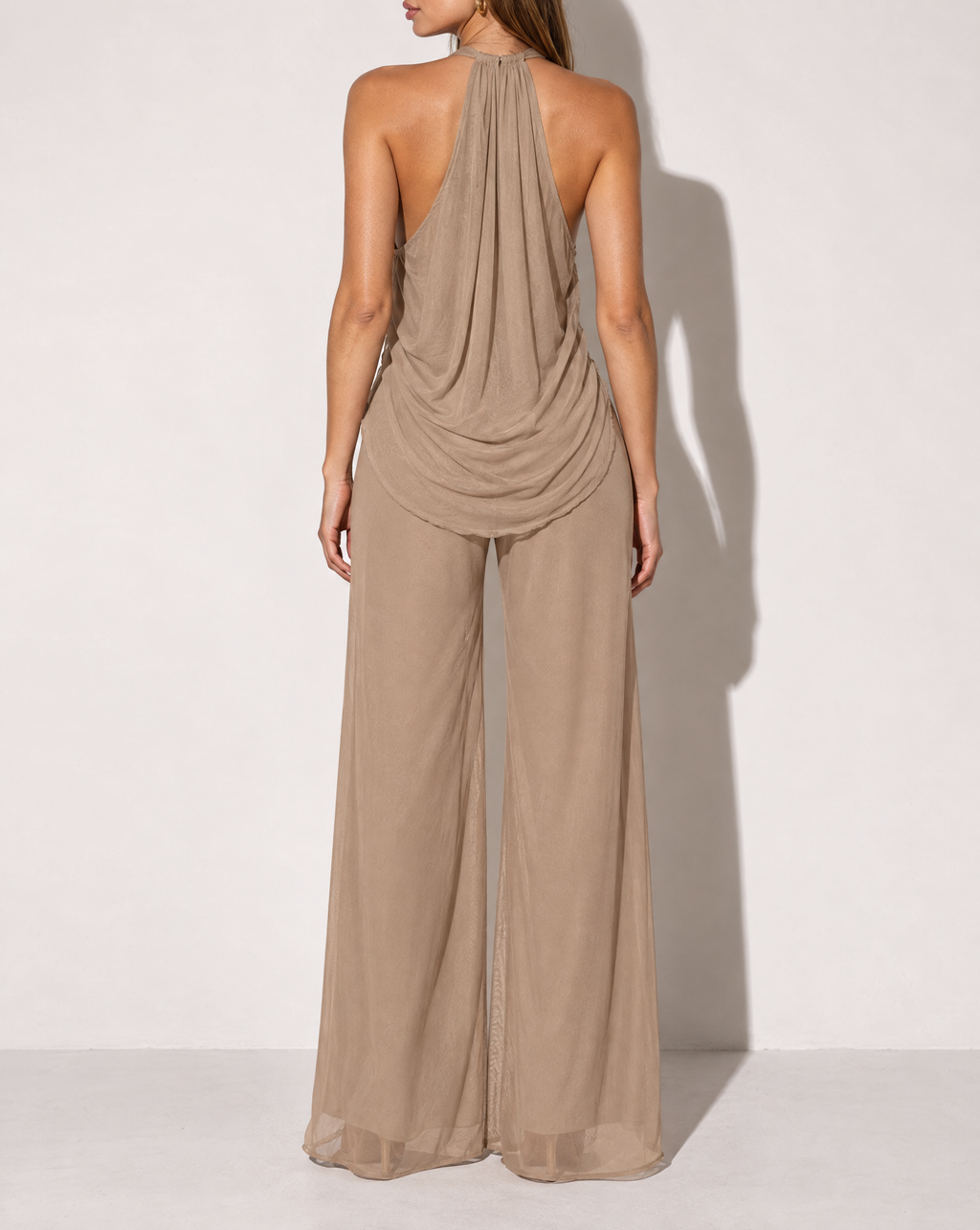 Deep Cowl Neck Sleeveless Top & Pants Set in NUDE — back view