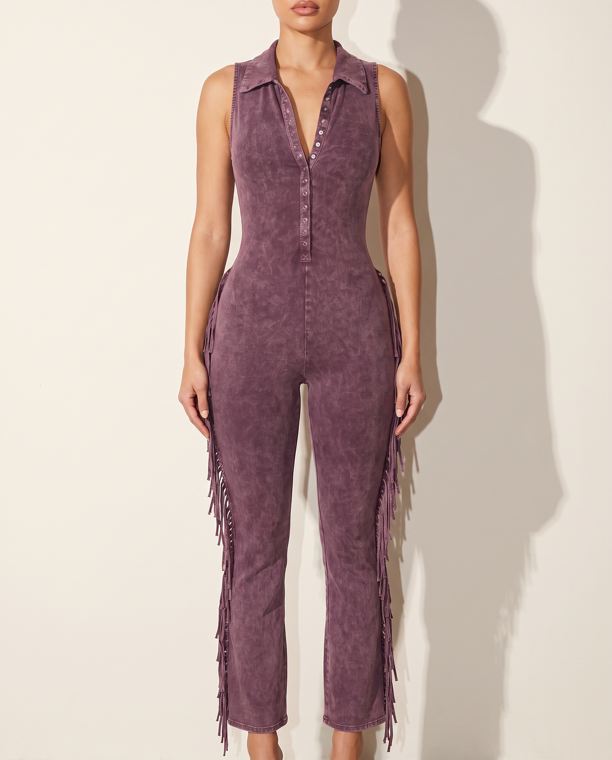 Mineral Washed Sleeveless Fringe Jumpsuit in Pink — front view