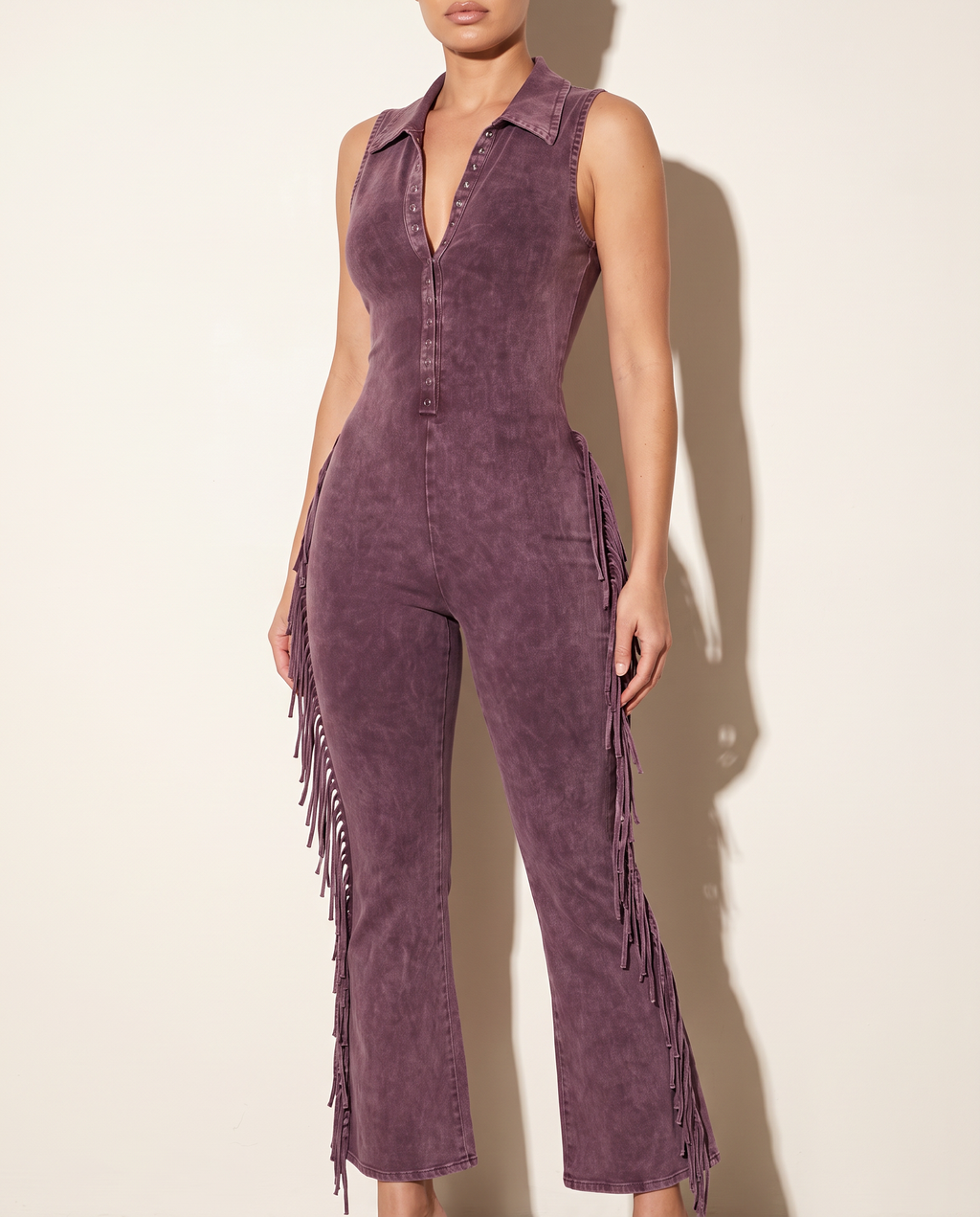 Mineral Washed Sleeveless Fringe Jumpsuit in Pink — alternate front view