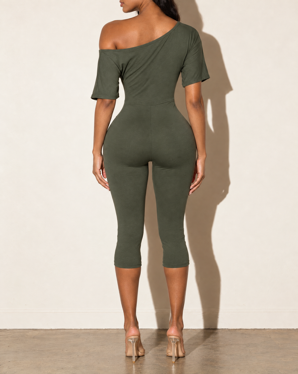 One Off Shoulder Capri Jumpsuit in Olive — back view