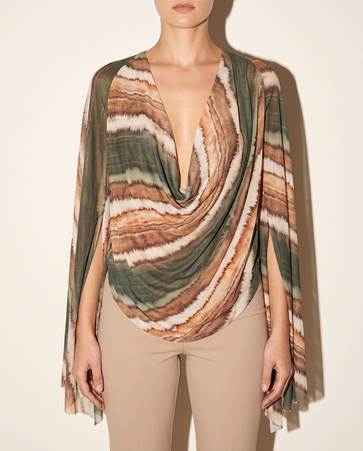 Printed Deep Cowl Neck Top With Slit Open Sleeves in BROWN COMBO — front view