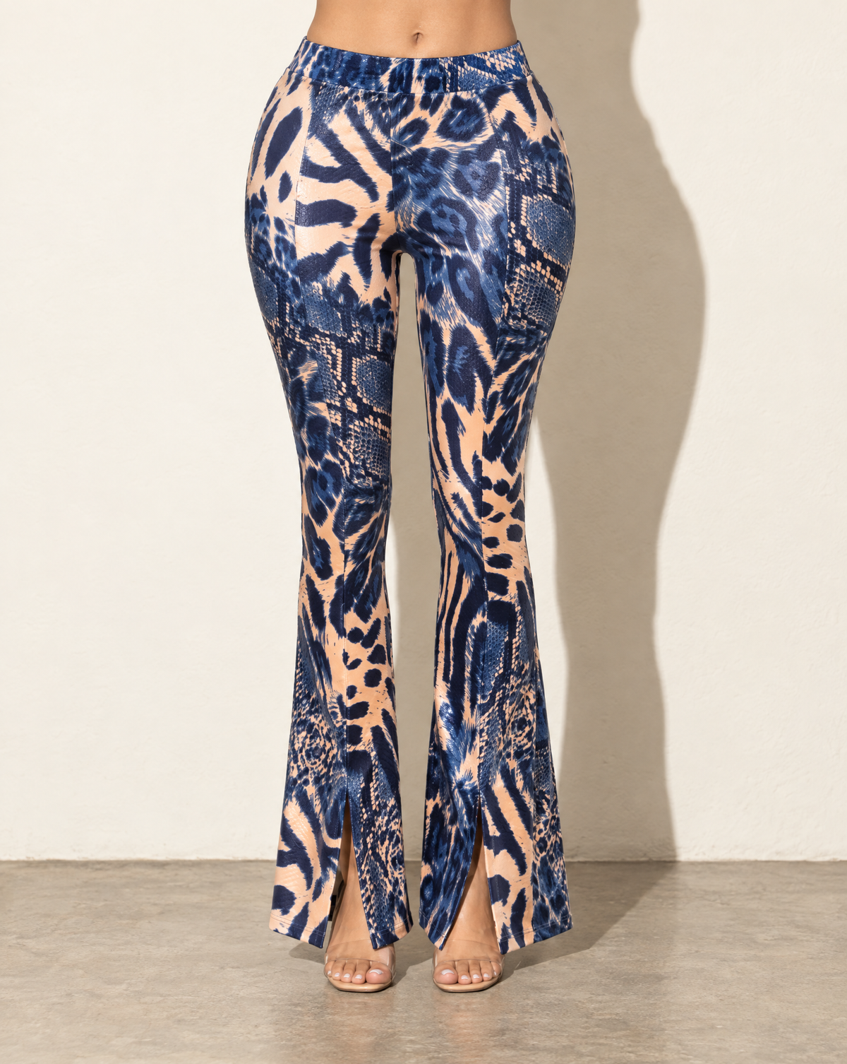 Foiled Animal Printed Slit Hem Flared Pants in PEACH/NAVY — front view