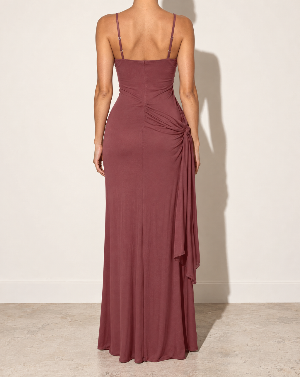 Drape Front & Tied Detailed Dress in MARSALA — back view