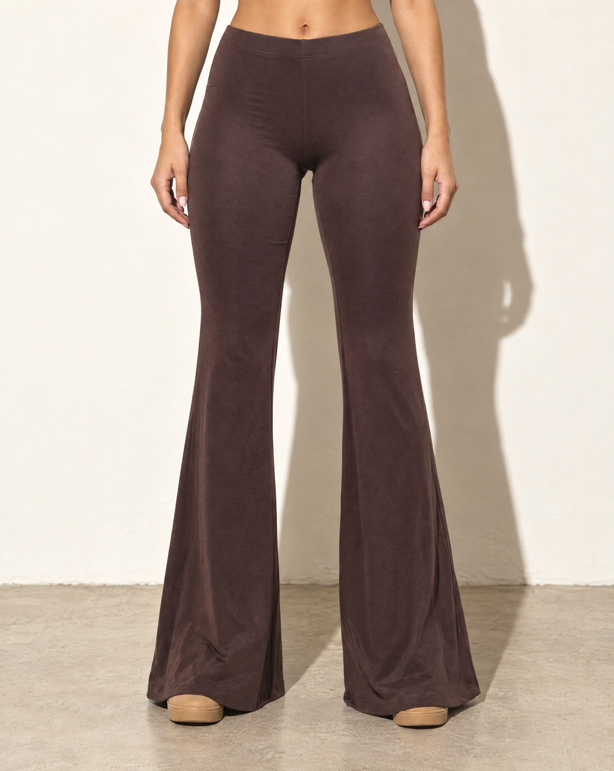 High Waist Flare Hem Pants in Brown — front view
