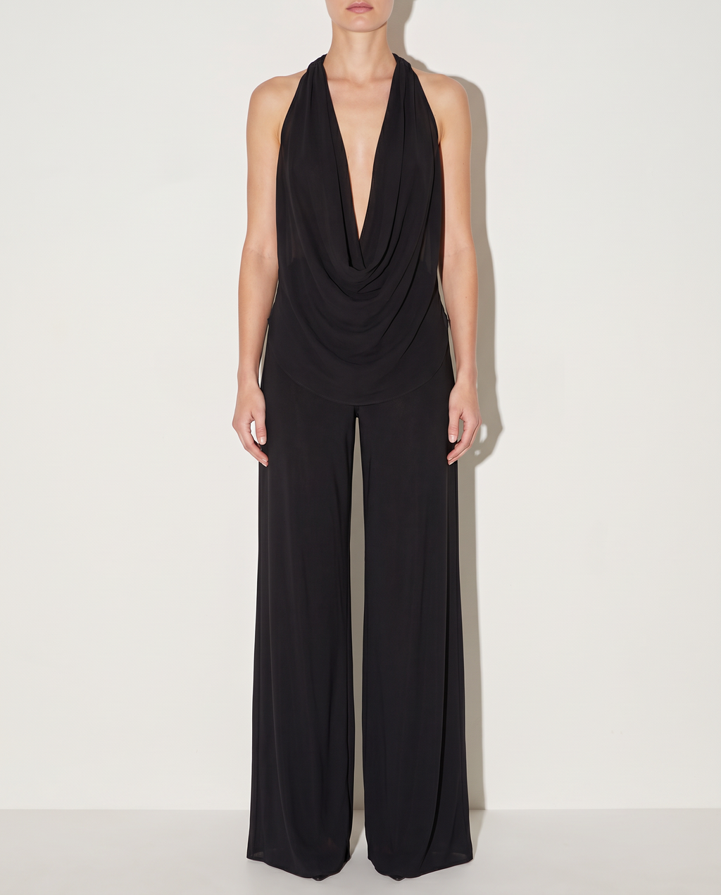Deep Cowl Neck Sleeveless Top & Pants Set in Black — front view