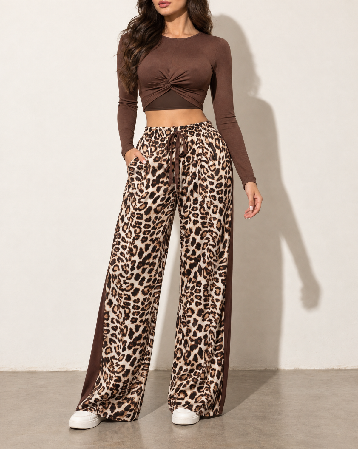 Long Sleeve Mid Top & Wide Leg Pants Set in Brown — alternate front view