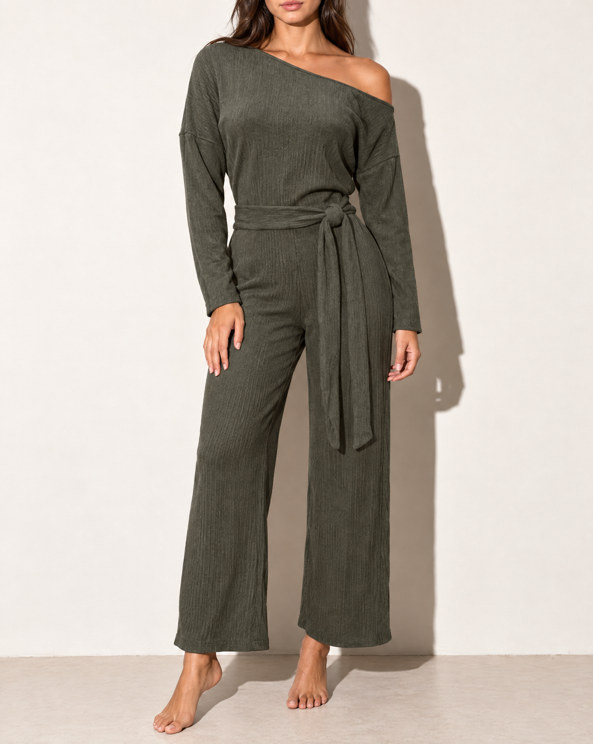 Off Shoulder Long Sleeve Top & Pants Set in Olive — alternate front view