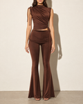 Mock Neck Top & Pant Set in Brown — front view