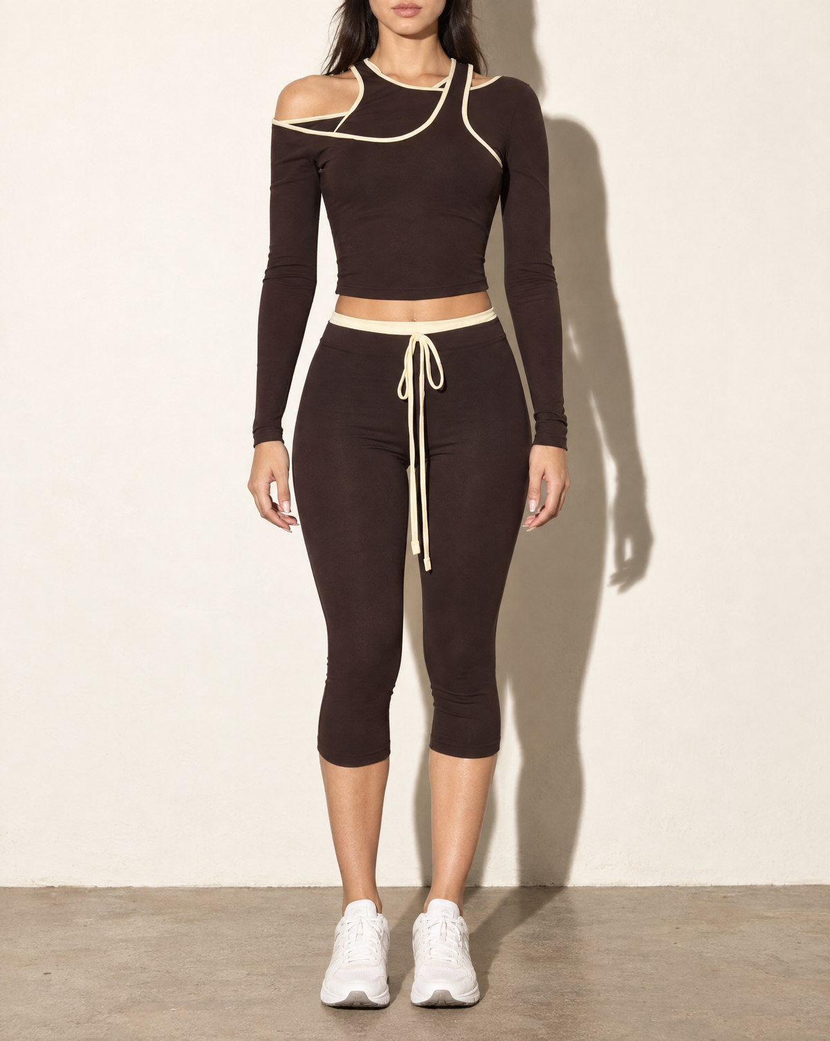 One Side Cold Shoulder Top & Capri Leggings Set in BROWN COMBO — front view