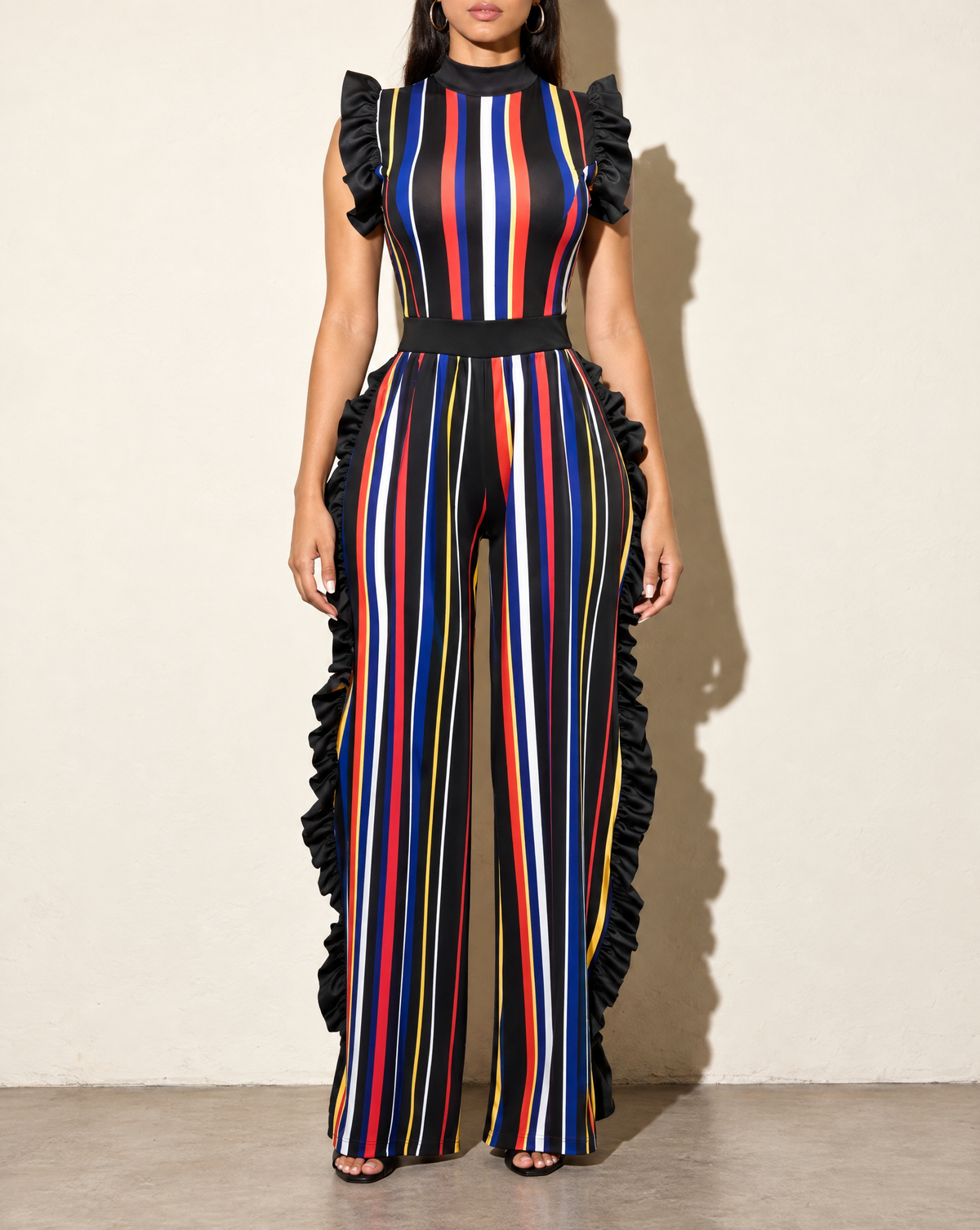 Color Striped Jumpsuit With Ruffle in Multi — front view