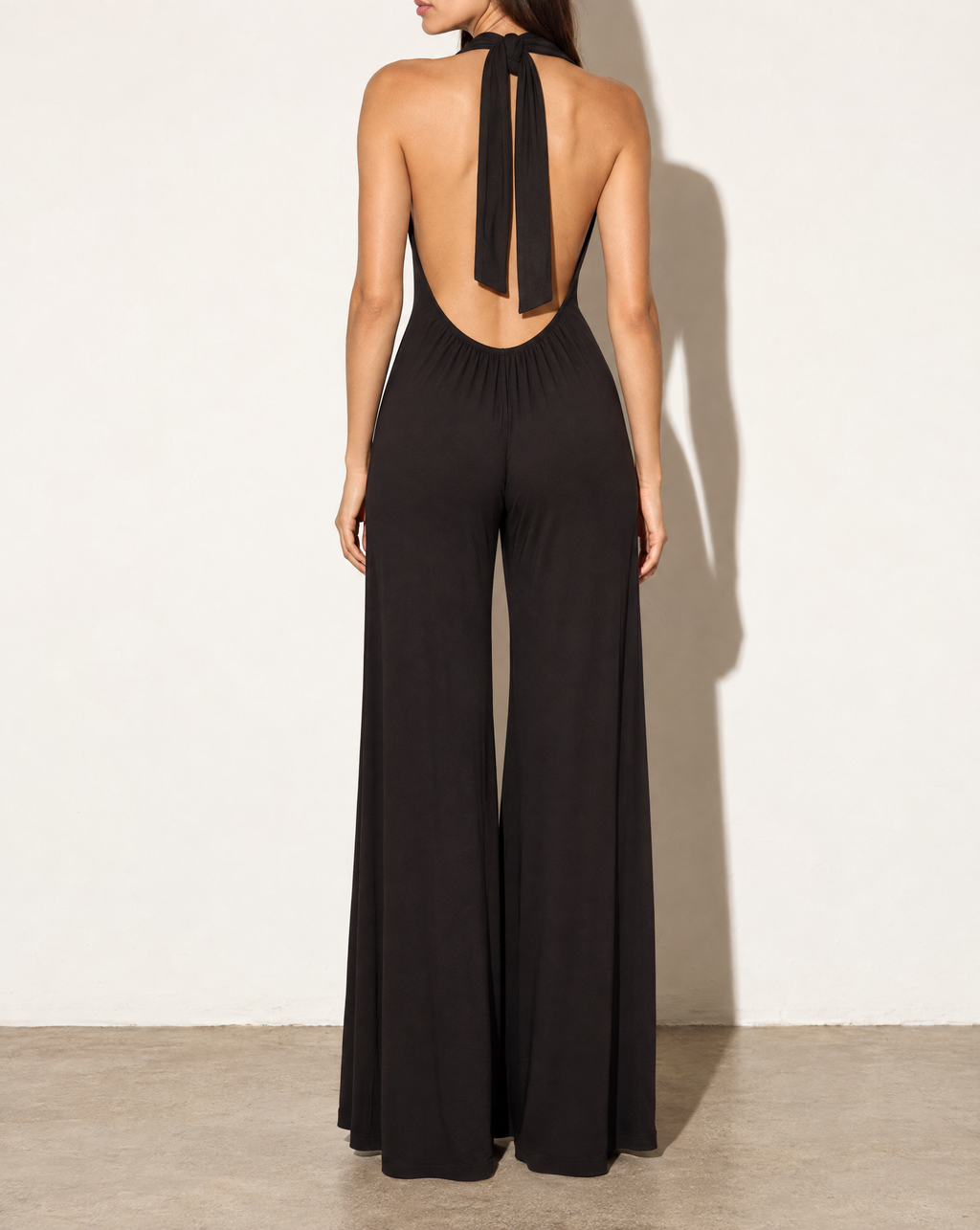 Halter Open Back Wide Leg Jumpsuit in Black — back view