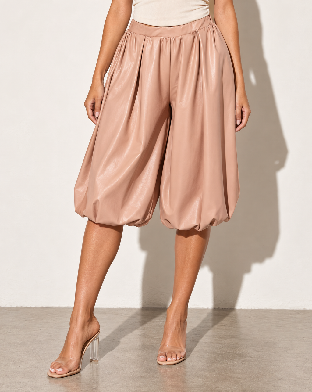 PU Bubble Capri Fashion Pants in Blush — alternate front view