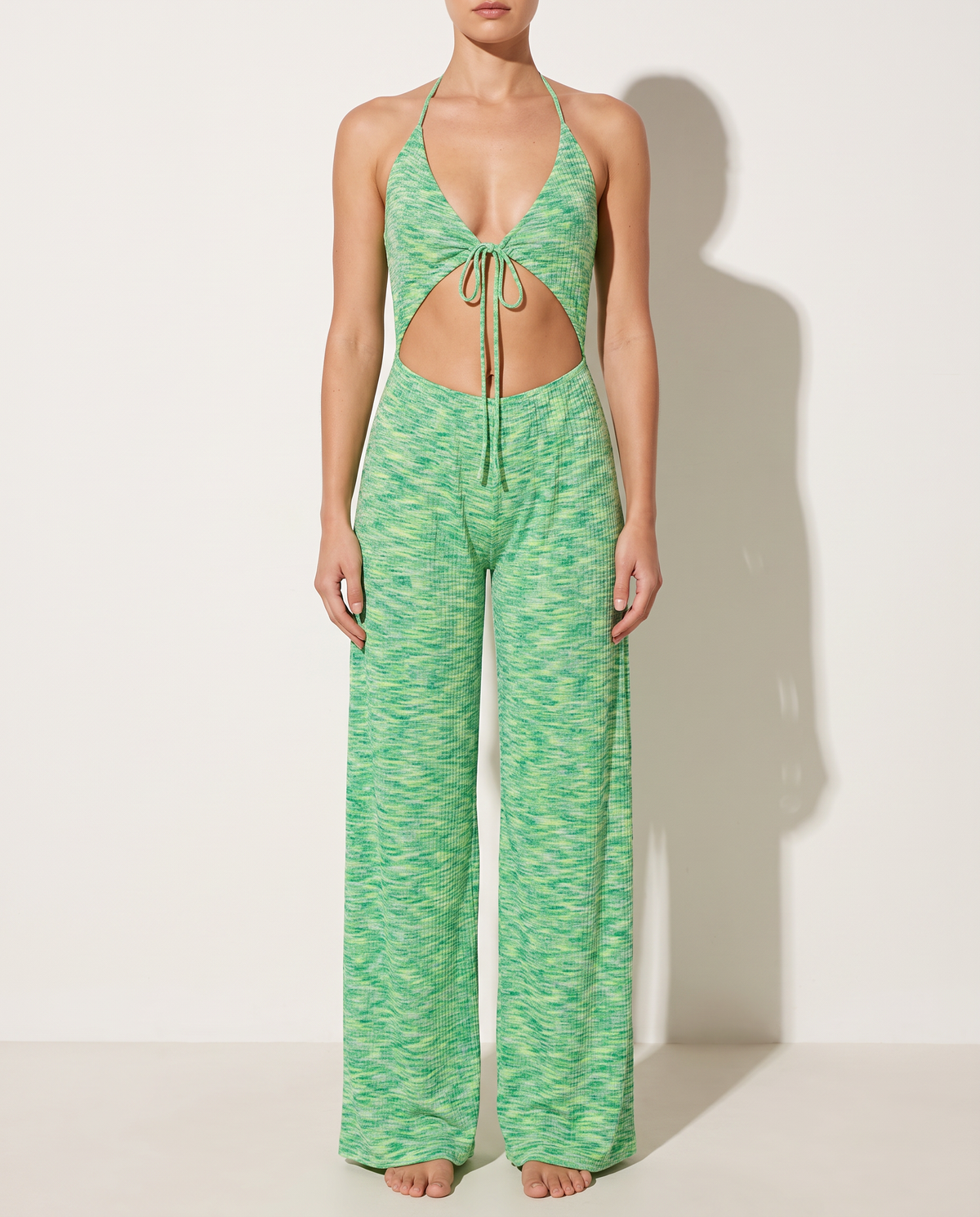 Cut Out Front Halter Neck Wide Leg Jumpsuit in Green — front view