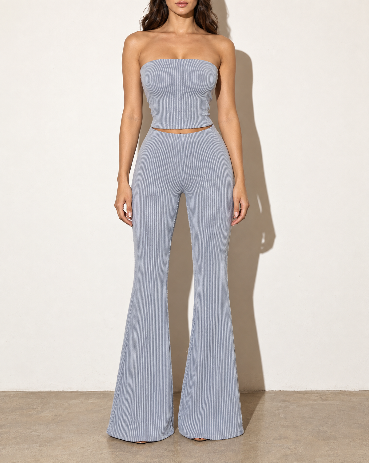 Rib Tube Top & Long Pants Set in SLATE — front view