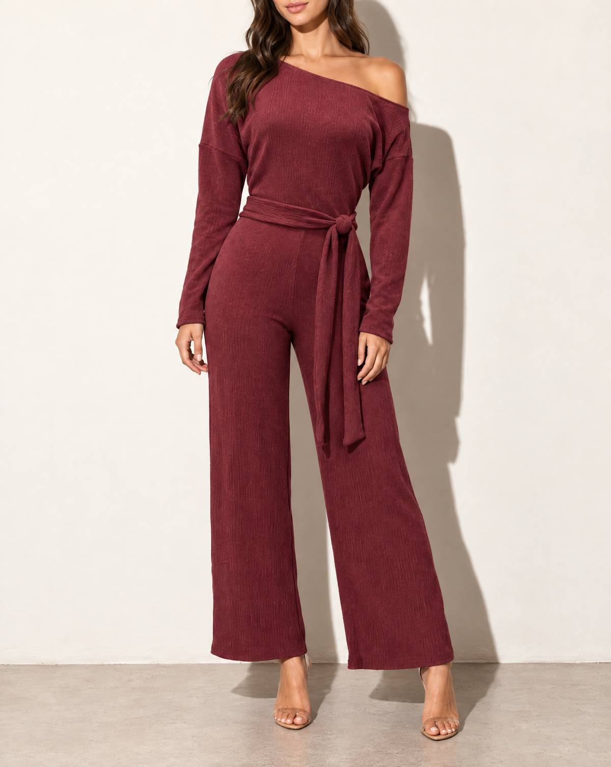 Off Shoulder Long Sleeve Top & Pants Set in Burgundy — alternate front view