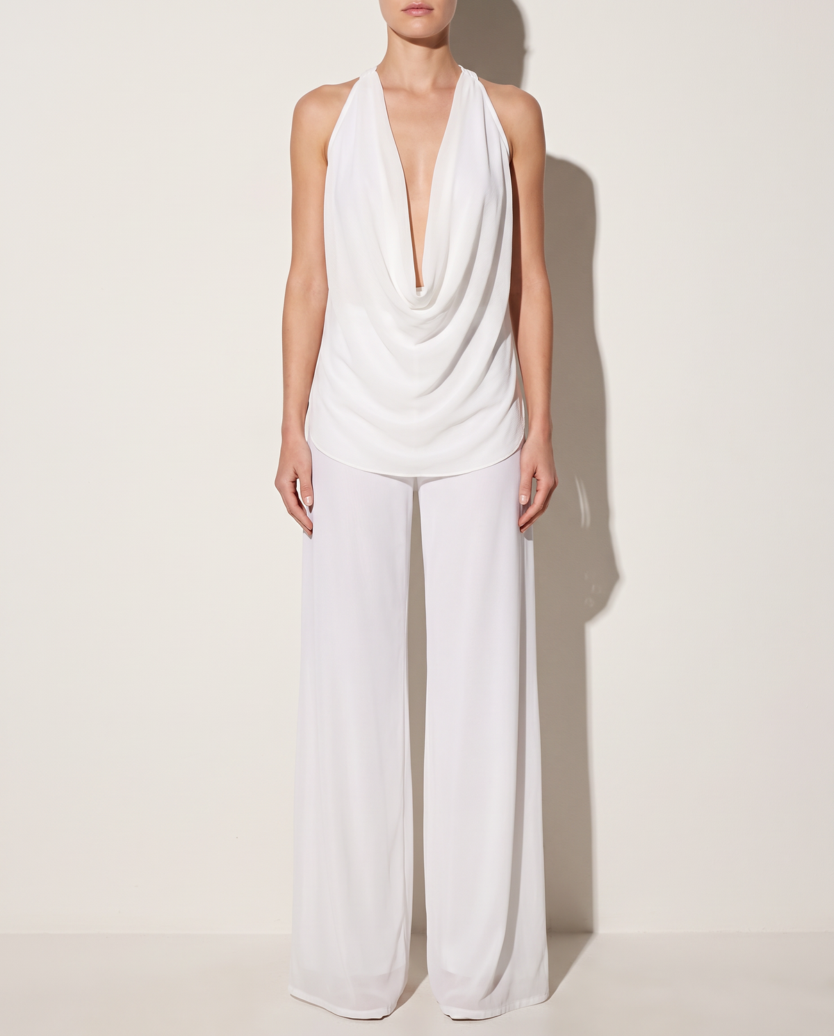 Deep Cowl Neck Sleeveless Top & Pants Set in White — front view
