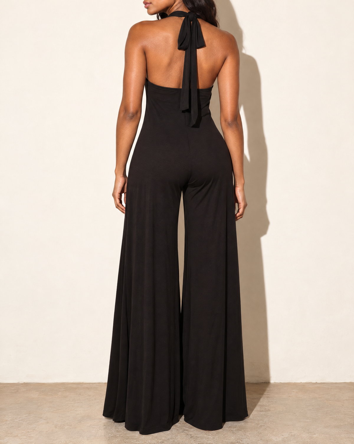 Wide Leg Halter Jumpsuit in Black — back view
