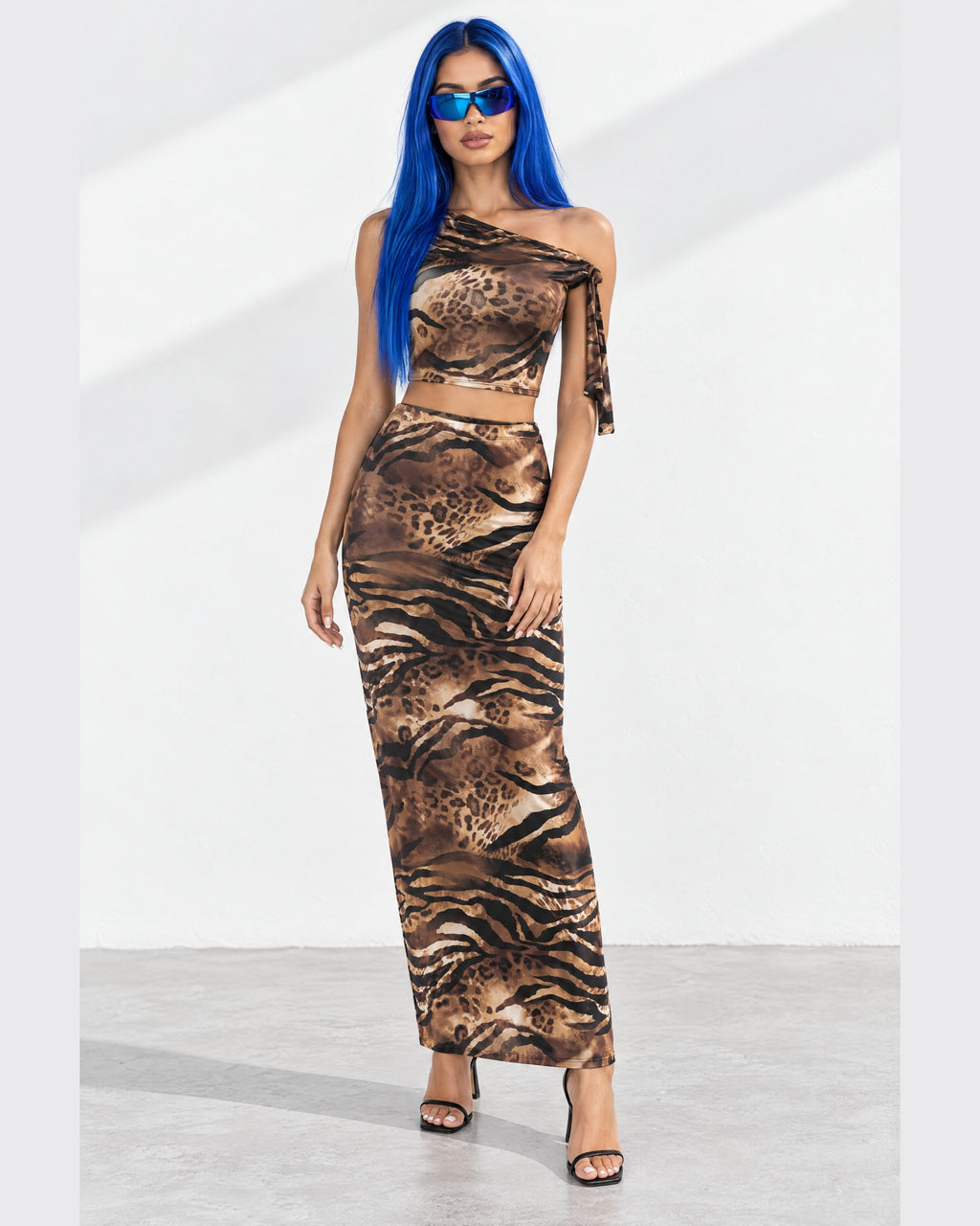 Asymmetrical Arm Tie Top & Maxi Skirt Set in Brown Combo - front view on model | Muvin