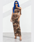 Asymmetrical Arm Tie Top & Maxi Skirt Set in Brown Combo - front view on model | Muvin