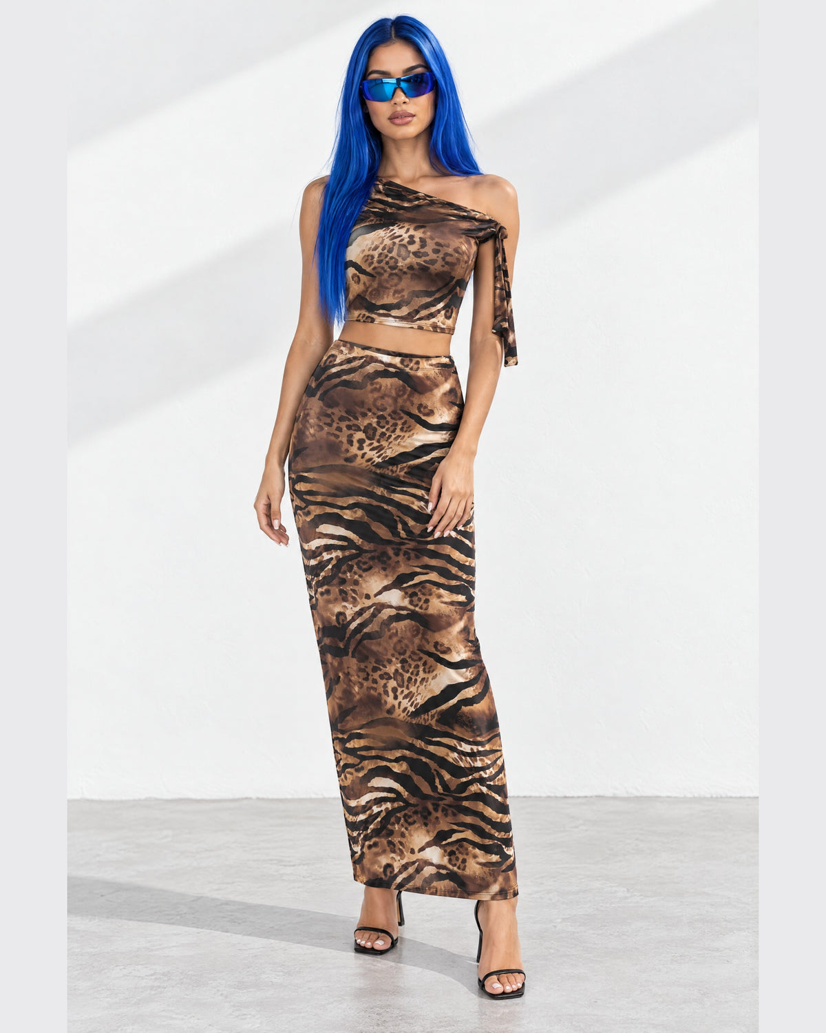 Asymmetrical Arm Tie Top & Maxi Skirt Set in Brown Combo - front view on model | Muvin