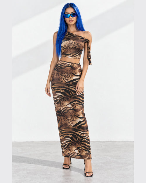 Asymmetrical Arm Tie Top & Maxi Skirt Set in Brown Combo - front view on model | Muvin