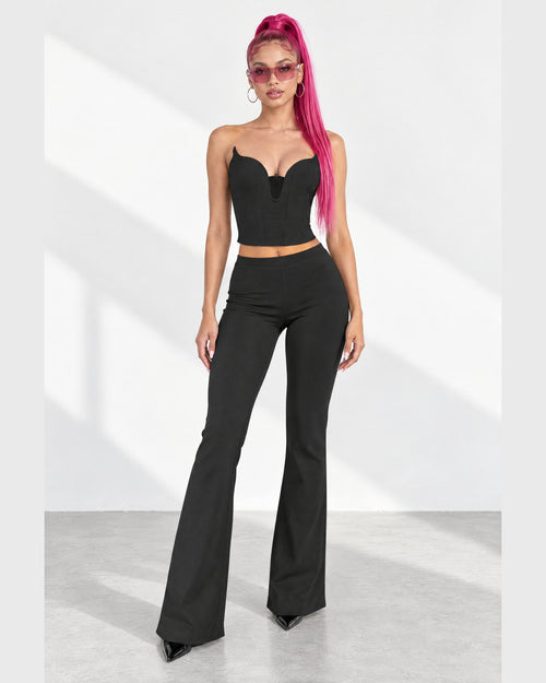 Corset Tube Top & Flare Pant Set in Black - front view on model | Muvin